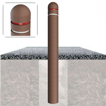Composiet parkeerpaal bruin met bolle kop en wit-rode reflectie in fundering