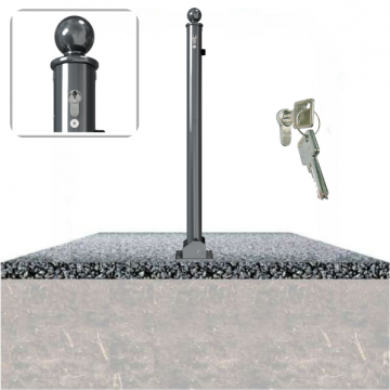 Decoratief neerklapbare parkeerpaal Ø60 met bolkop en cilinderslot op fundering