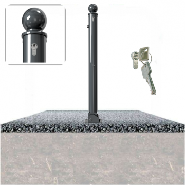 Decoratief neerklapbare parkeerpaal Ø76 met bolkop en cilinderslot op fundering