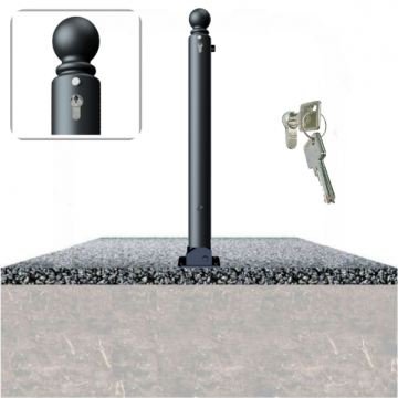 Decoratief neerklapbare parkeerpaal Ø82 met bolkop en cilinderslot op fundering