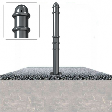 Decoratief vaste parkeerpaal Ø76 met ringen en voetplaat verankering op fundering