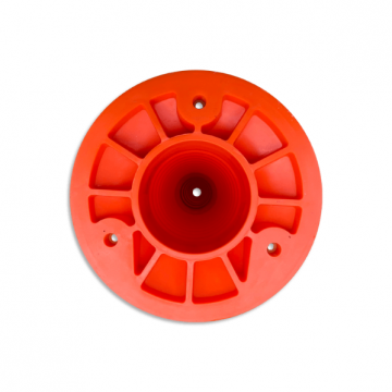 Detail voetflens kunststof flexibele parkeerpaal oranje en wit reflecterend 1