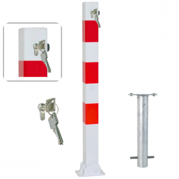 Neerklapbare parkeerpaal 70x70 mm wit rood met cilinderslot