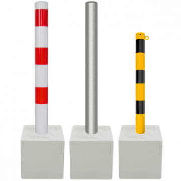Vaste parkeerpaal met betonvoet Ø60-102 en 70x70 mm wit-rood geel-zwart of RVS