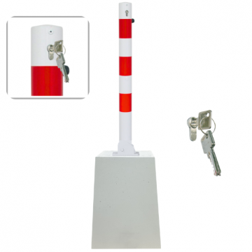 Parkeerpaal met betonvoet Ø60-76 en 70x70 mm neerklapbaar met cilinderslot wit rood