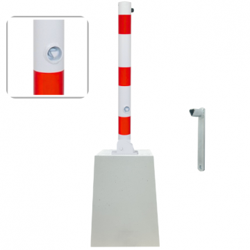 Parkeerpaal met betonvoet Ø60-76 en 70x70 mm neerklapbaar met driekantslot wit rood