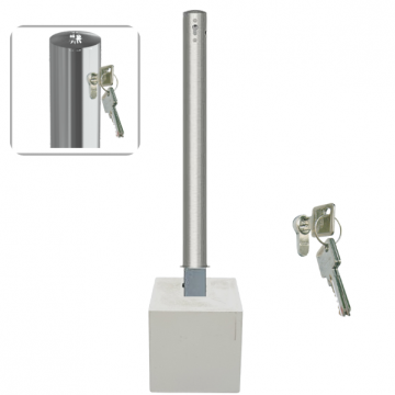 Rvs parkeerpaal met betonvoet Ø60-89 en 70x70 mm uitneembaar met cilinderslot