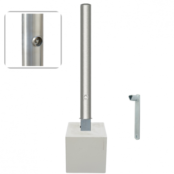 Rvs parkeerpaal met betonvoet Ø60-89 en 70x70 mm uitneembaar met driekantslot