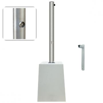 Rvs parkeerpaal met betonvoet Ø76 en 70x70 mm neerklapbaar met driekantslot