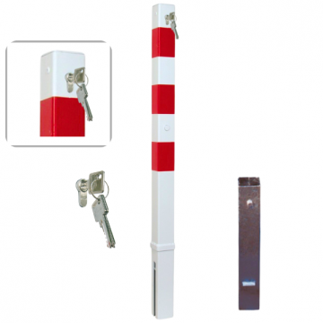 Uitneembare parkeerpaal 70x70 mm wit rood met cilinderslot