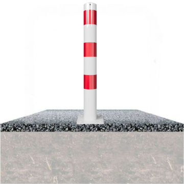 Vaste parkeerpaal 102 mm wit rood met voetplaat verankering op fundering