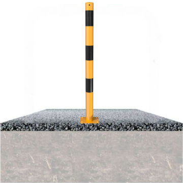 Vaste parkeerpaal 60 mm geel zwart met voetplaat verankering op fundering