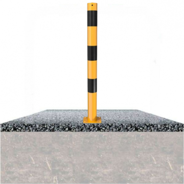 Vaste parkeerpaal 76 mm geel zwart met voetplaat verankering op fundering