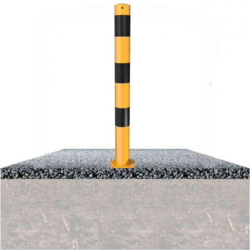 Vaste parkeerpaal 89 mm geel zwart met voetplaat verankering op fundering